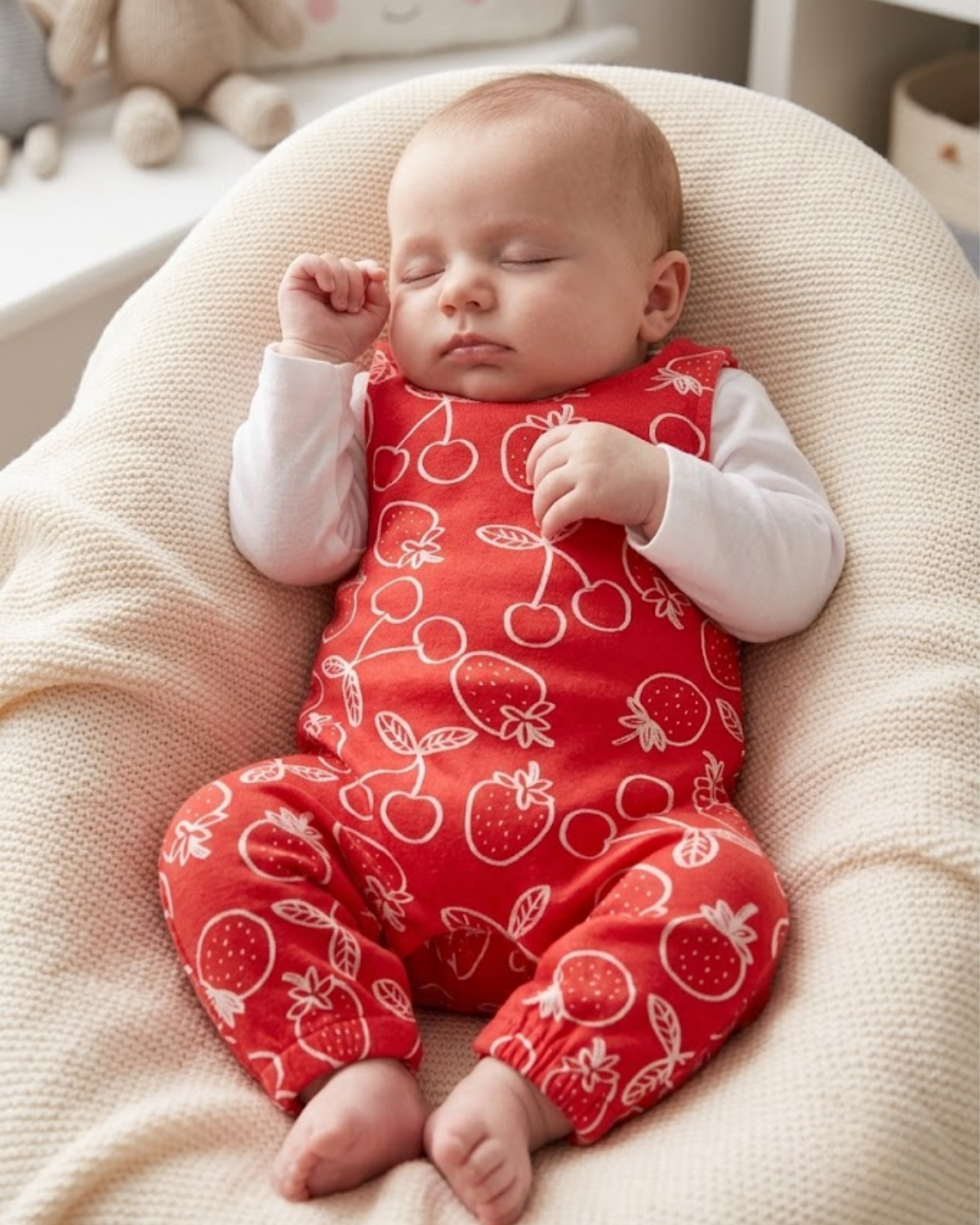 Baby wearing a red outfit with fruit patterns, lying on a beige cushion.