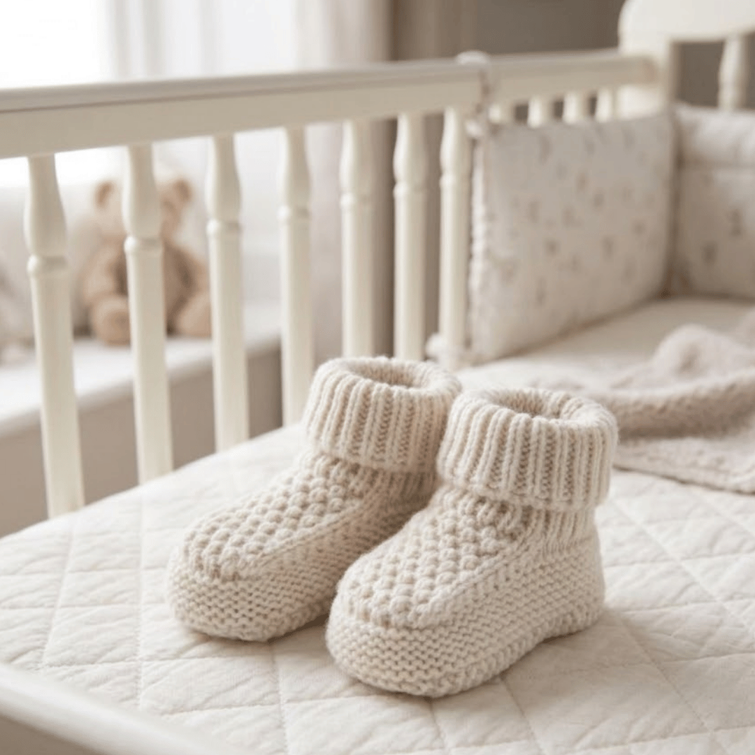 Knitted baby booties on a crib in a nursery setting