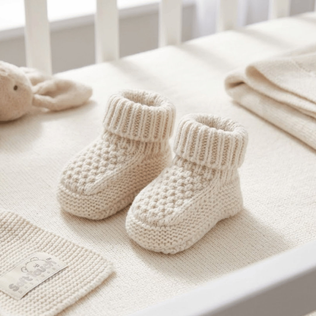 Pair of beige knitted baby booties on a crib with soft focus background