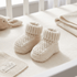Pair of beige knitted baby booties on a crib with soft focus background