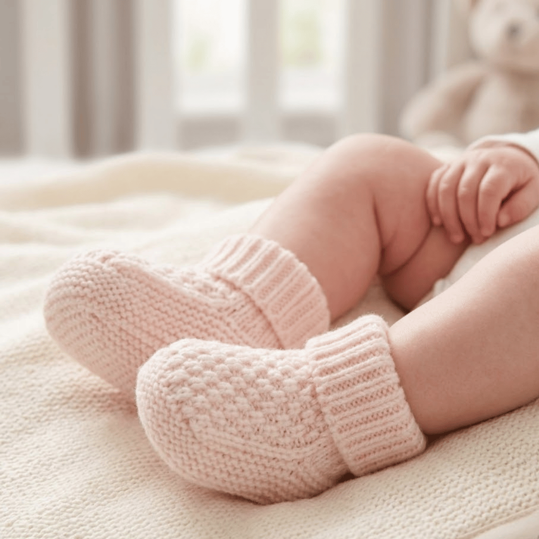 Baby's feet wearing pink knitted booties on a soft surface with a blurred background