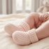 Baby's feet wearing pink knitted booties on a soft surface with a blurred background