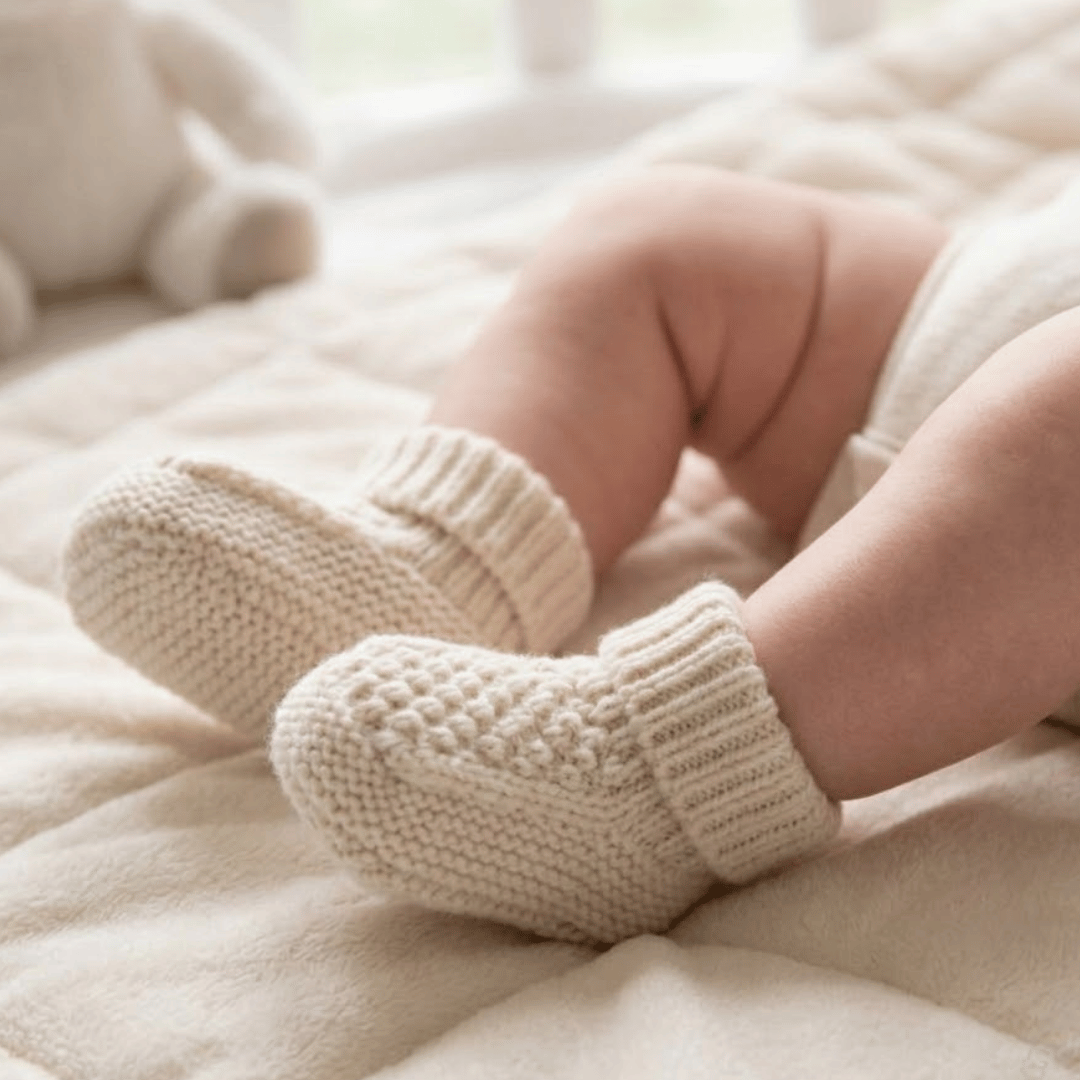 Baby's feet wearing beige knitted socks on a soft surface