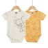 Two baby short-sleeve bodysuits hanging on wooden hangers against a white background. The left bodysuit is off-white with a brown cartoon mouse graphic and the words 'laughing love.