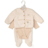 Hanging cream 3-piece fleece baby outfit set with cardigan, bodysuit, and pants.