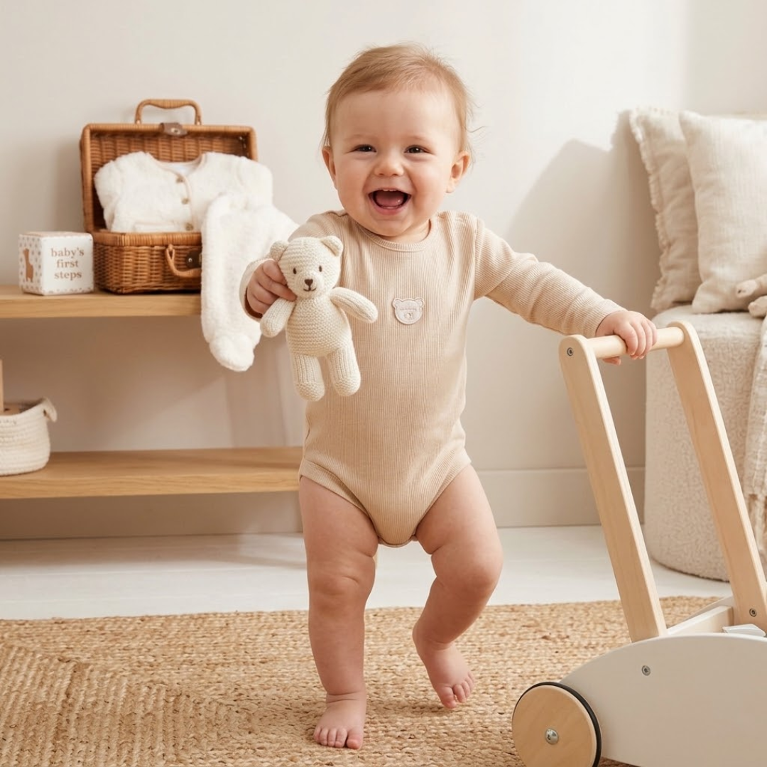 Laughing baby in a beige long-sleeve bodysuit holding a mini teddy bear.