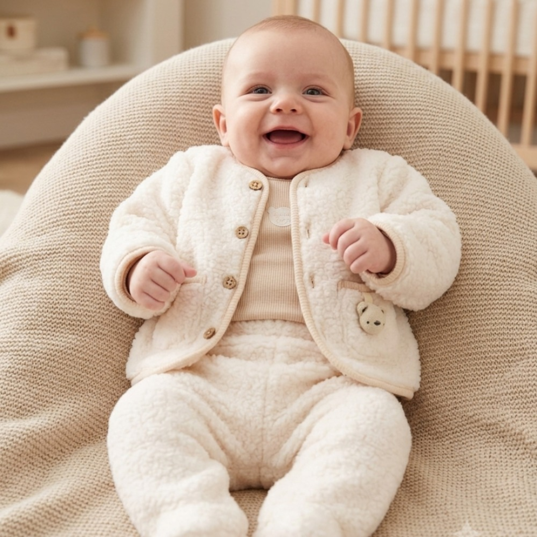 Smiling baby sitting in a lounger wearing a 3-piece cream fleece jacket set