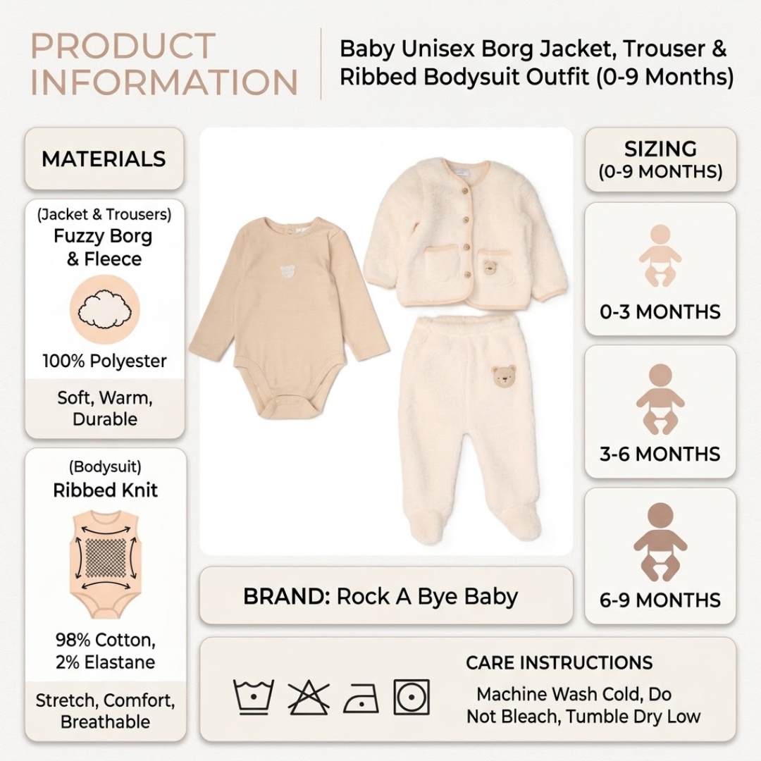 Product information graphic for Rock A Bye Baby 3-piece outfit showing materials, sizing, and care instructions.