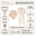 Product information graphic for Rock A Bye Baby 3-piece outfit showing materials, sizing, and care instructions.