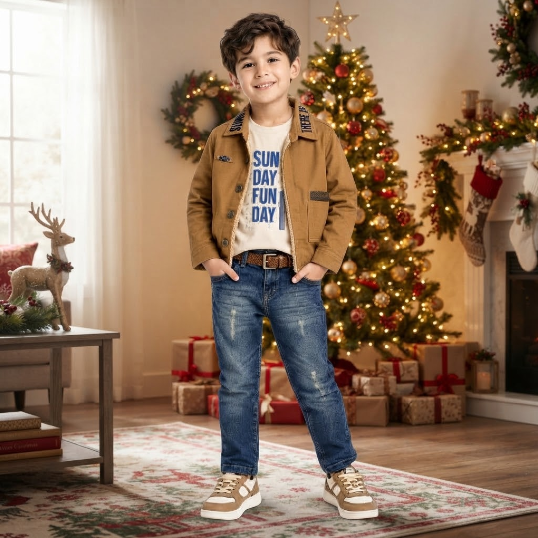 A children's outfit set featuring an olive green graphic t-shirt with 'RUN THE SMILE' text, a brown faux-fur lined denim jacket, and blue denim jeans, laid flat on a light gray background.