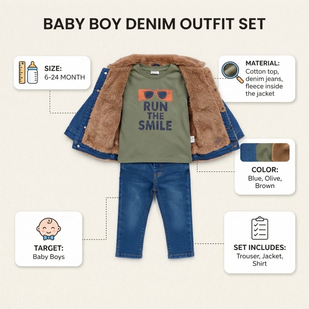 Baby boy denim outfit set featuring a green graphic t-shirt, blue denim jeans, and a blue denim jacket with a brown faux-fur lining, displayed on a beige background with informational callout boxes.