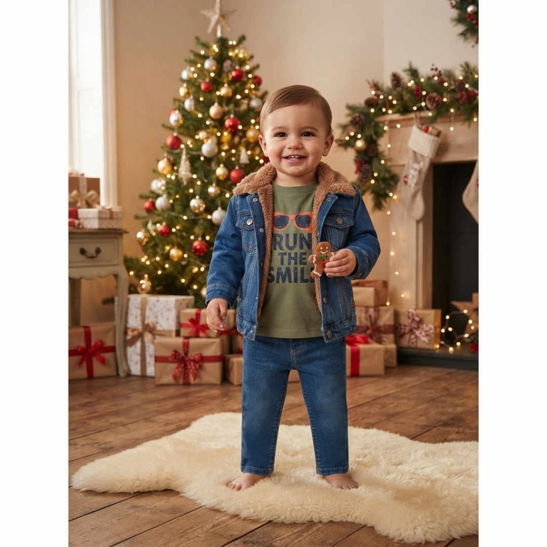 A toddler stands barefoot on a white faux-fur rug in a decorated holiday room, wearing a blue denim jacket with a brown faux-fur collar over an olive green graphic t-shirt and matching blue jeans.