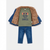 A children's outfit set featuring an olive green graphic t-shirt with 'RUN THE SMILE' text, a brown faux-fur lined denim jacket, and blue denim jeans, laid flat against a light gray background.