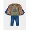 A children's outfit set featuring an olive green graphic t-shirt with 'RUN THE SMILE' text, a brown faux-fur lined denim jacket, and blue denim jeans, laid flat against a light gray background.