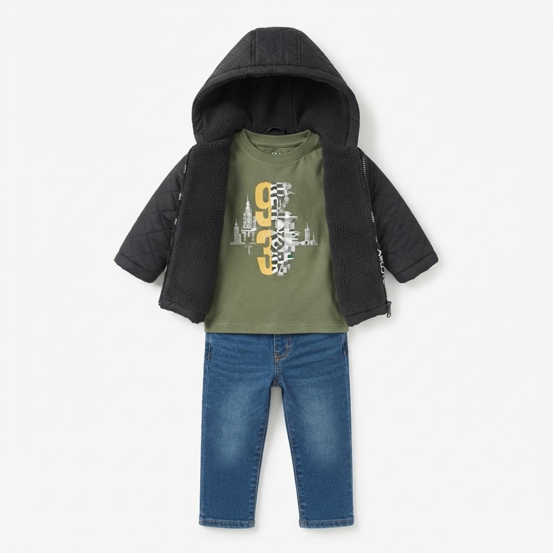 A toddler boy's three-piece outfit set featuring an olive green graphic t-shirt, blue jeans, and a black quilted hooded jacket with a sherpa-lined hood, displayed on a light gray background.