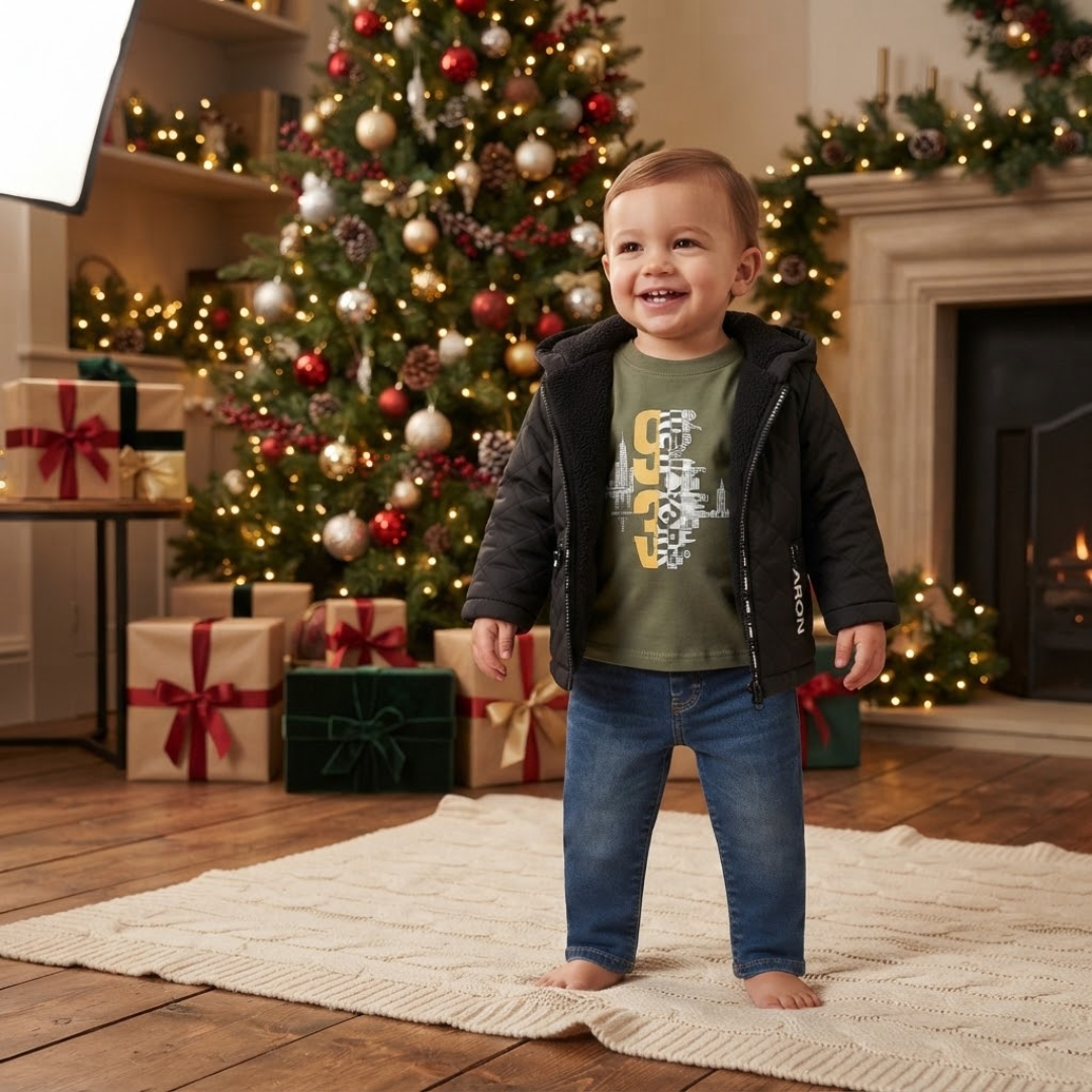 A toddler stands barefoot on a cream knit rug in a cozy holiday living room, wearing a black zip-up puffer jacket over a green graphic t-shirt and blue jeans. A decorated Christmas tree, wrapped gifts, and a fireplace are visible in the background.