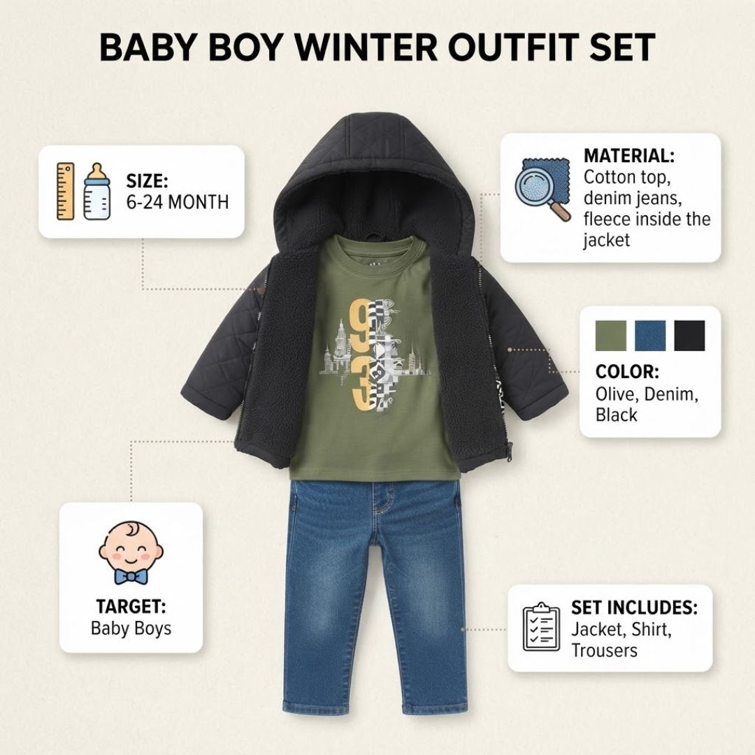 Baby boy winter outfit set featuring a black hooded puffer jacket, olive green graphic t-shirt, and blue denim jeans, shown on a light beige background with informational callout boxes detailing size, material, color, target age, and set contents.