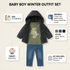 Baby boy winter outfit set featuring a black hooded puffer jacket, olive green graphic t-shirt, and blue denim jeans, shown on a light beige background with informational callout boxes detailing size, material, color, target age, and set contents.