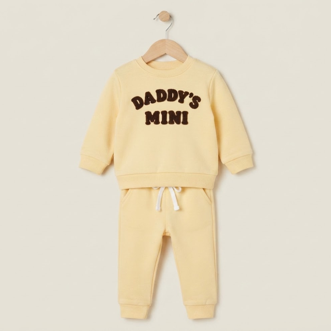 A baby boy's two-piece sweatshirt and jogger pants set in pale yellow, hanging on a wooden hanger against a light beige background. The sweatshirt features the words 'DADDY'S MINI' printed in dark brown across the chest, and the pants have a white drawstring.