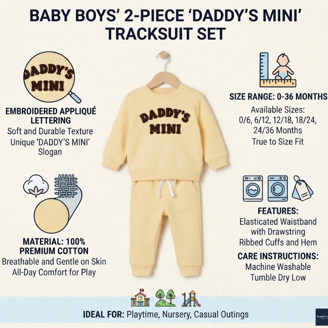 A baby boy's 2-piece tracksuit set in pale yellow, featuring an embroidered 'Daddy's Mini' logo on the long-sleeve top and matching pants. The image is an infographic with text detailing the product features, sizes, and care instructions, set against a light beige background.