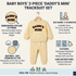A baby boy's 2-piece tracksuit set in pale yellow, featuring an embroidered 'Daddy's Mini' logo on the long-sleeve top and matching pants. The image is an infographic with text detailing the product features, sizes, and care instructions, set against a light beige background.