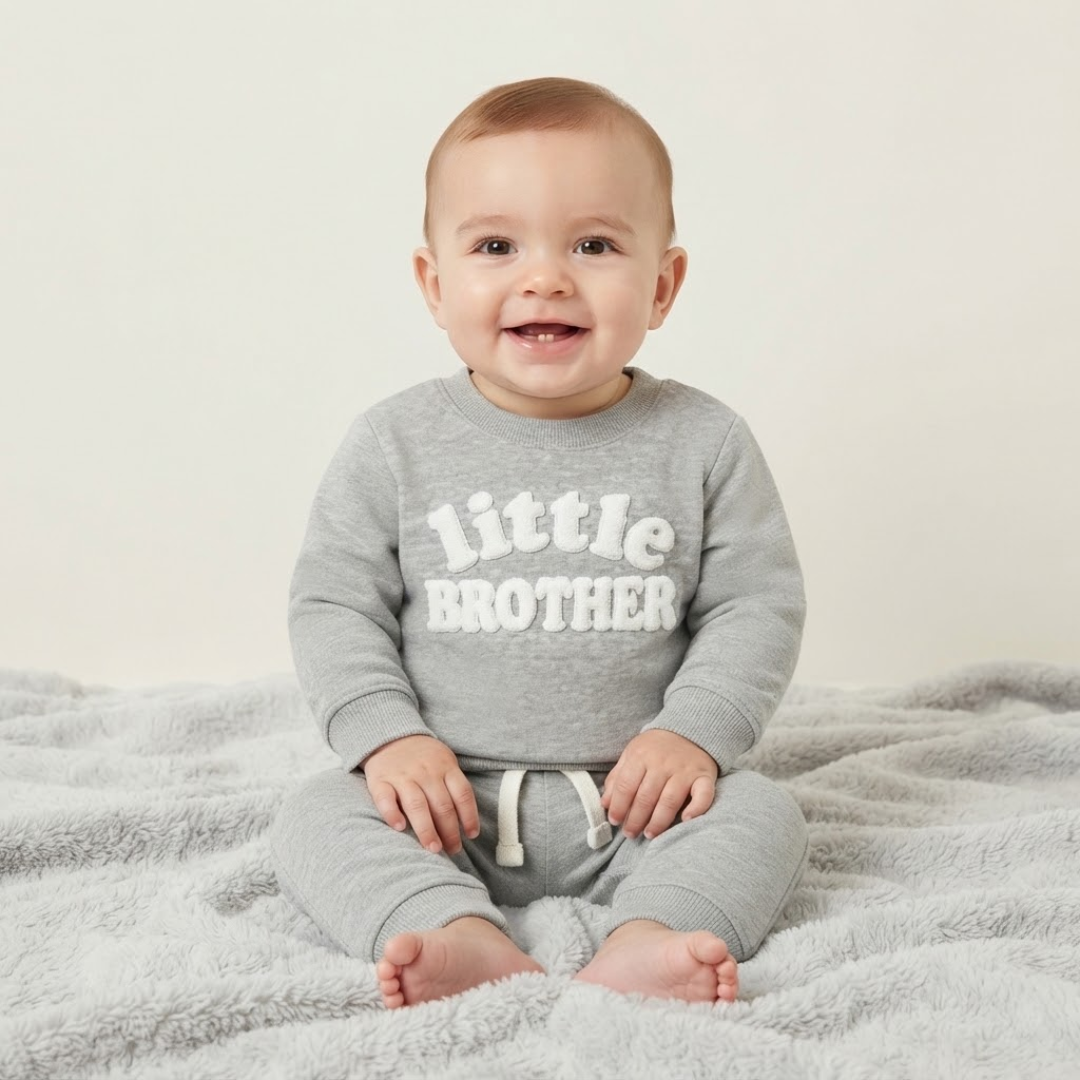 A baby sitting on a soft gray blanket wearing a heather gray sweatshirt and matching pants with 'Little Brother' printed in white across the chest.