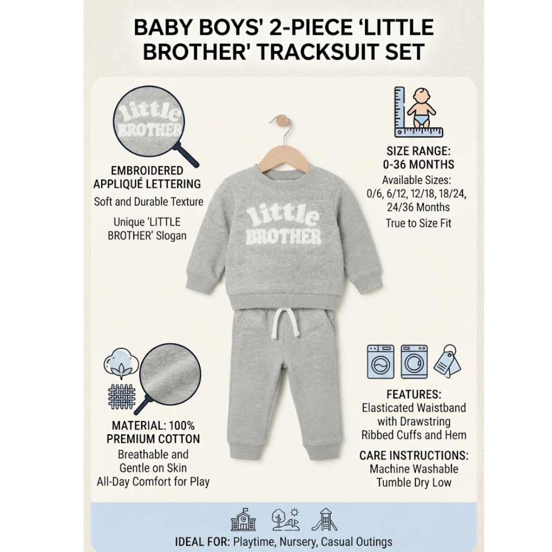 A baby boy's 2-piece tracksuit set in light gray, featuring a long-sleeve top and matching pants with white drawstrings. The top has 'little BROTHER' embroidered on the chest.