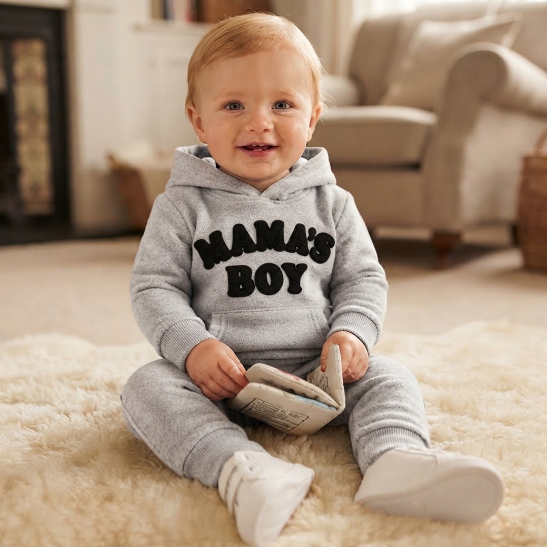 A toddler boy's three-piece outfit set featuring an olive green graphic t-shirt, blue denim jeans, and a black quilted puffer jacket with a fleece-lined hood, displayed on a light gray background.
