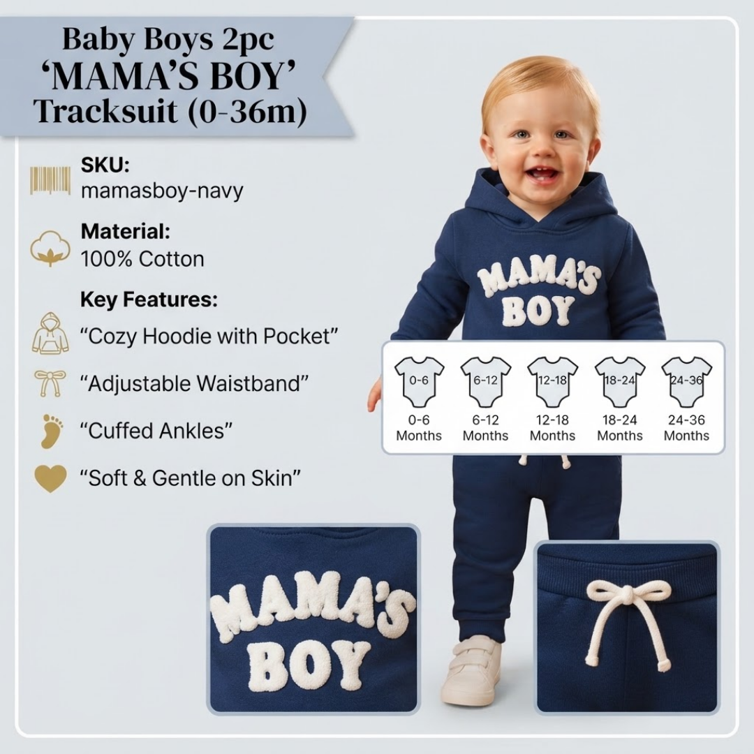 Baby boys 2-piece tracksuit in mamasboy-navy featuring a navy hoodie and matching pants with white 'MAMA'S BOY' text. A smiling toddler is shown wearing the outfit, alongside product details, size chart, and close-up views of the hoodie pocket and pants drawstring.