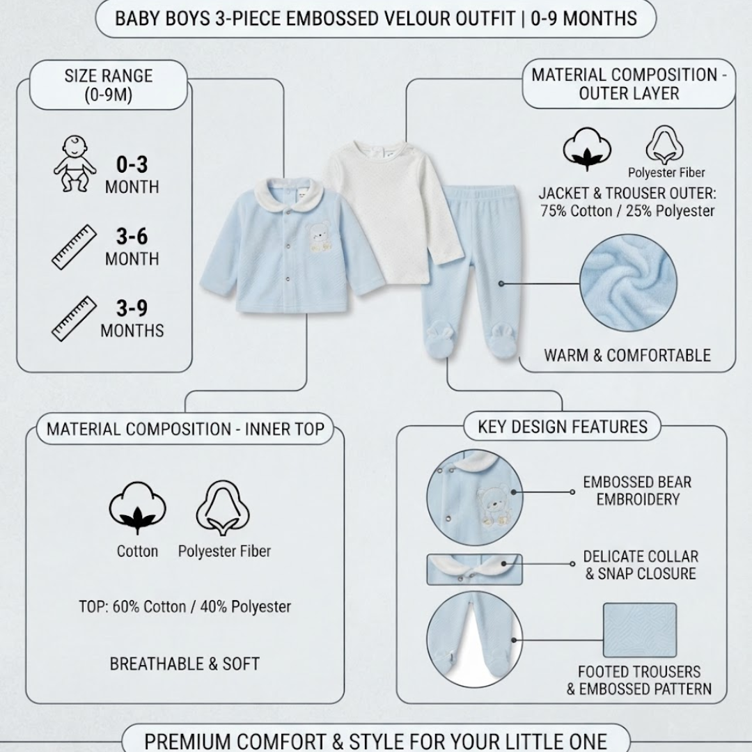 A product information graphic for a baby boy's 3-piece embroidered velour outfit. The graphic shows a light blue long-sleeve top, a white long-sleeve inner top, and light blue trousers, with text detailing the size range (0-9 months), material composition, and key design features like the embroidered bear and footed trousers.