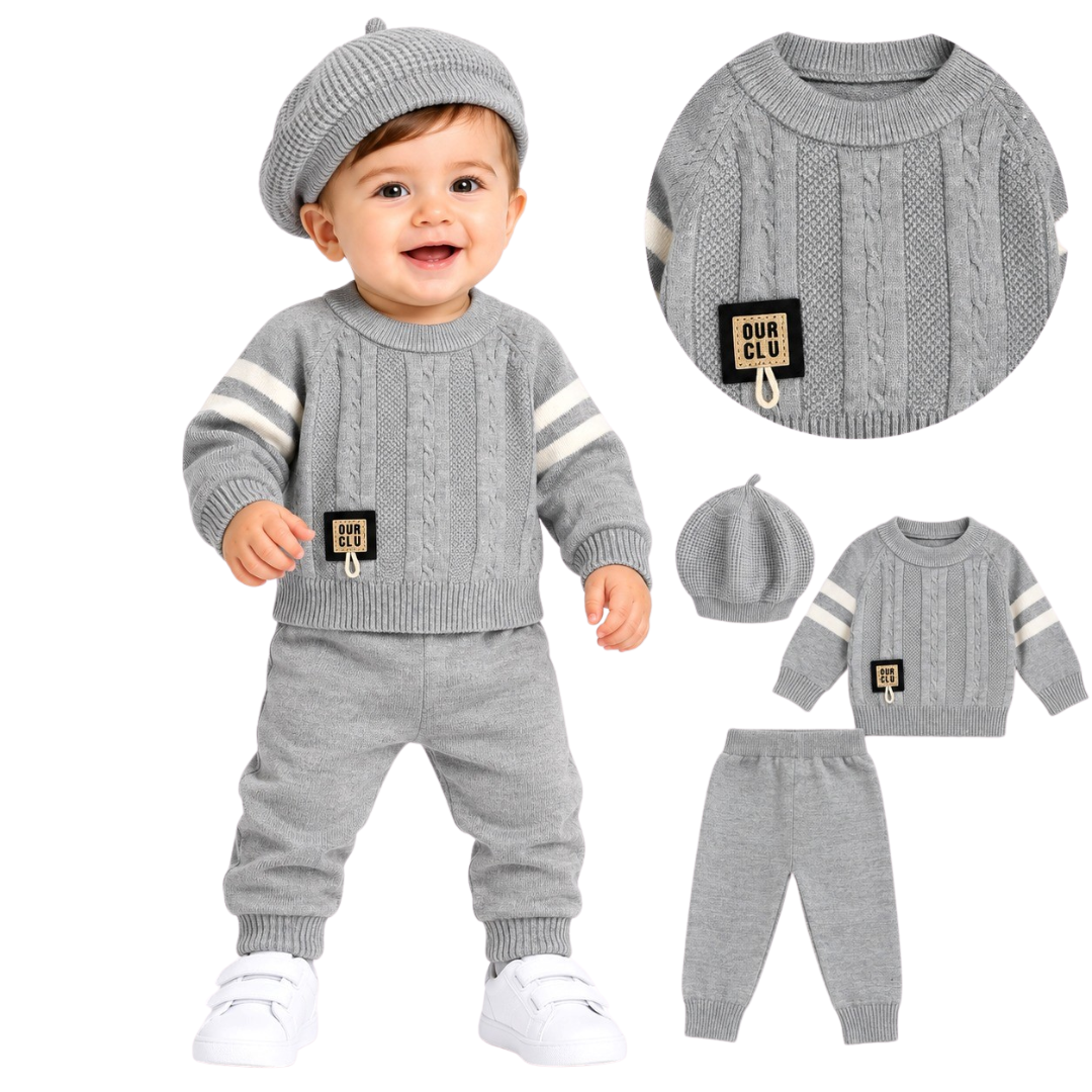Baby grey cable-knit sweater, trousers, and beret hat outfit set shown on a smiling toddler model and as a flat-lay product render