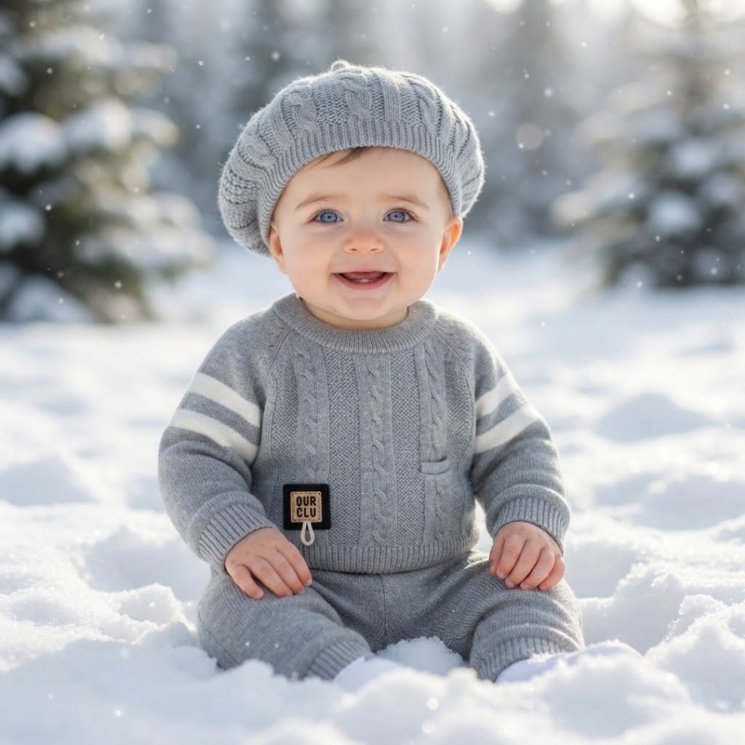 A smiling baby wearing a grey cable-knit sweater with white sleeve stripes, matching pants, and a beret hat, sitting outdoors in a snowy winter landscape with blurred trees in the background.