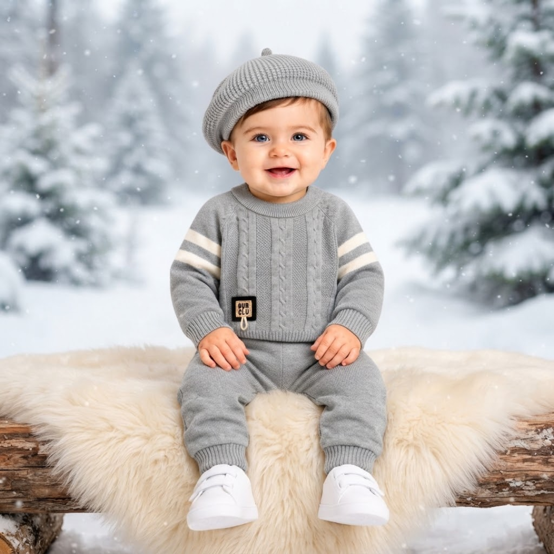 Lifestyle product image of a baby model wearing a grey cable-knit sweater set and beret hat, seated outdoors against a snowy winter backdrop, promoting the cozy winter outfit[cite: 4].