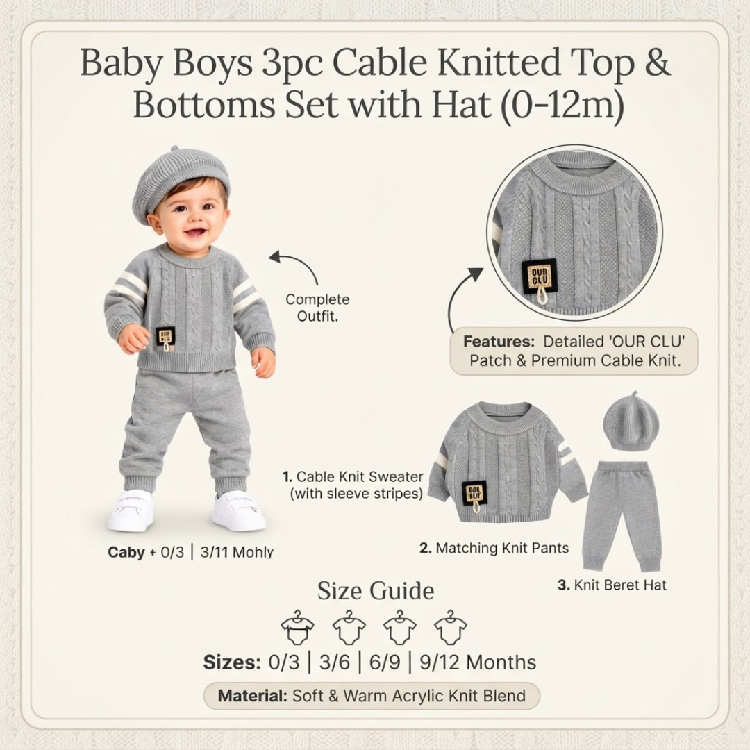 Product feature infographic showing a grey baby knit sweater, trousers, and beret outfit with size guide for 0 to 12 months.
