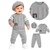Baby grey cable-knit sweater, trousers, and beret hat outfit set shown on a smiling toddler model and as a flat-lay product render