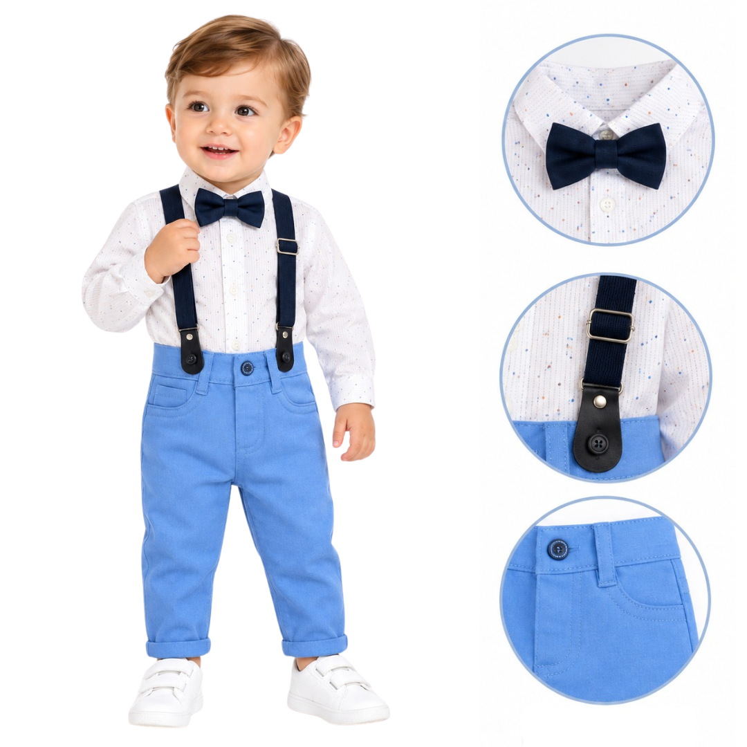 Toddler boy wearing a formal outfit consisting of light blue pants, navy suspenders, a white patterned shirt, and a navy bow tie. Three circular detail insets on the right show close-ups of the shirt pattern, the suspenders, and the pants.