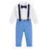A baby boy's formal outfit set featuring a white long-sleeve shirt with tiny blue polka dots, light blue denim pants, navy suspenders, and a navy bow tie, displayed on a clean white background.