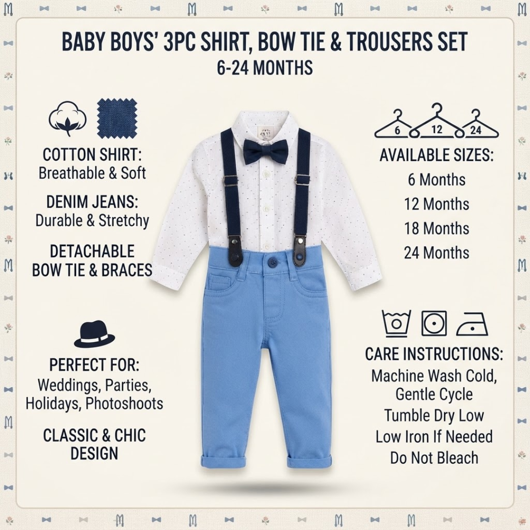 Baby boys' 3-piece shirt, bow tie, and trousers set displayed on a cream background with product details, sizes, care instructions, and icons. The set includes a white long-sleeve shirt, light blue denim pants, navy suspenders, and a navy bow tie.