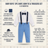 Baby boys' 3-piece shirt, bow tie, and trousers set displayed on a cream background with product details, sizes, care instructions, and icons. The set includes a white long-sleeve shirt, light blue denim pants, navy suspenders, and a navy bow tie.