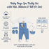 Baby boy's 5-piece teddy set with hat, mittens, and bib, featuring a white and light blue outfit with a teddy bear graphic. The image includes a size guide, material and feature icons, and product text on a light beige background.
