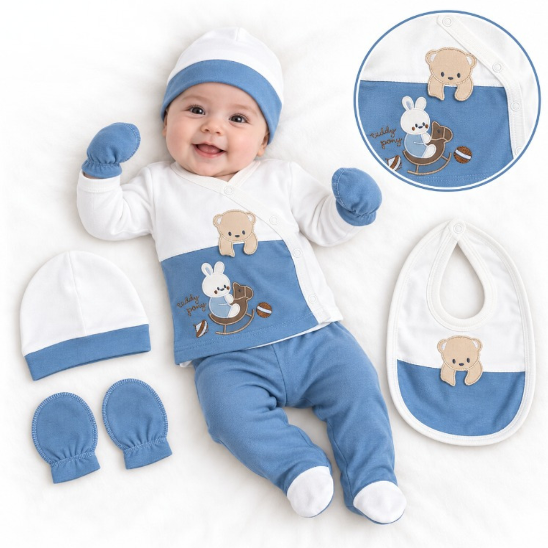 A baby wearing a coordinated 4-piece outfit set consisting of a white and blue footed one-piece, a matching bonnet, blue mittens, and a white and blue bib. The set is displayed on a white background with a circular detail inset showing the bib's embroidery.