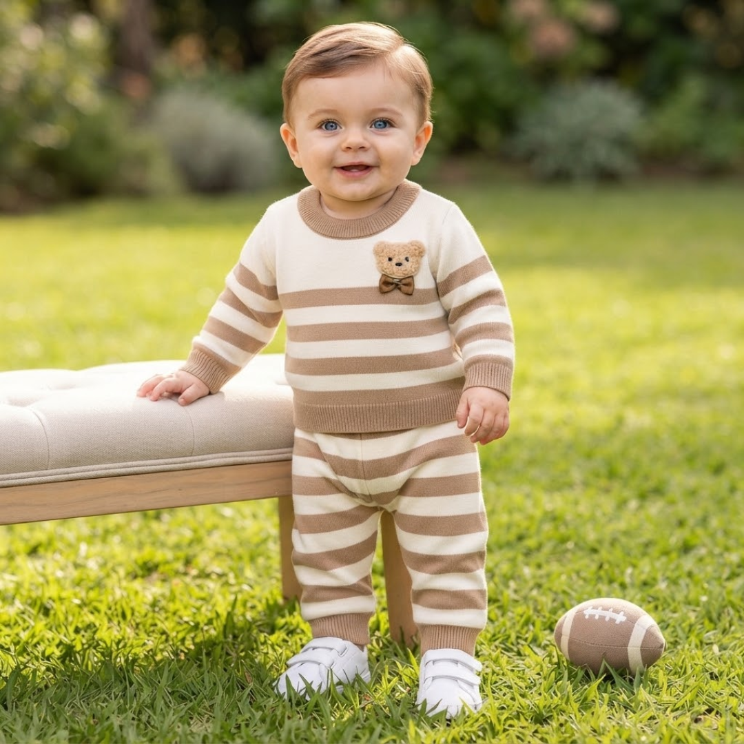 A baby boy standing on a lawn wearing a brown and white striped knitted teddy outfit and white shoes.