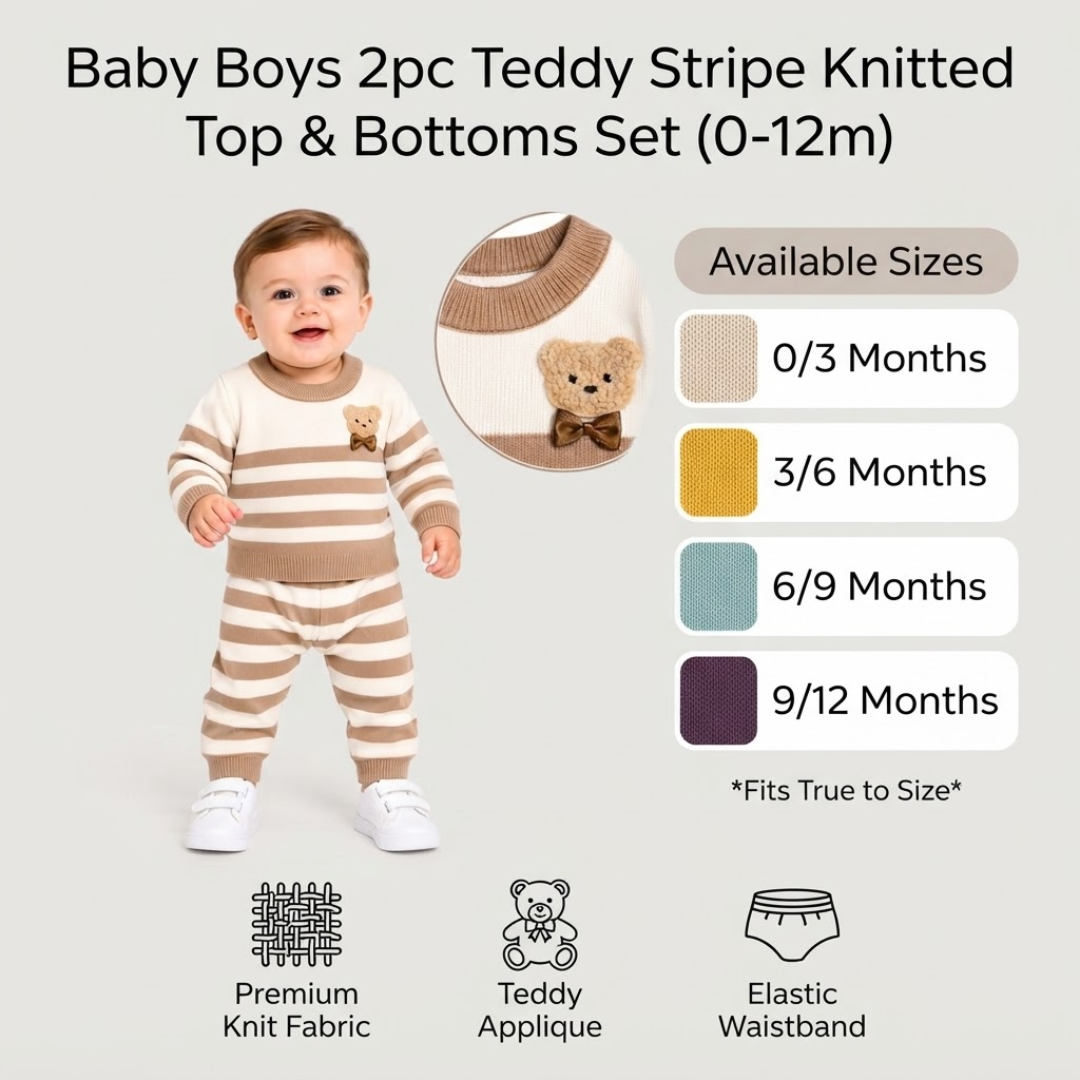 Promotional e-commerce infographic for the Baby Boys 2pc Teddy Stripe Knitted Top & Bottoms Set (0-12m) in brown, featuring a smiling baby in the outfit, size options from 0/3 to 9/12 months, and feature icons highlighting premium knit fabric, teddy applique, and an elastic waistband.