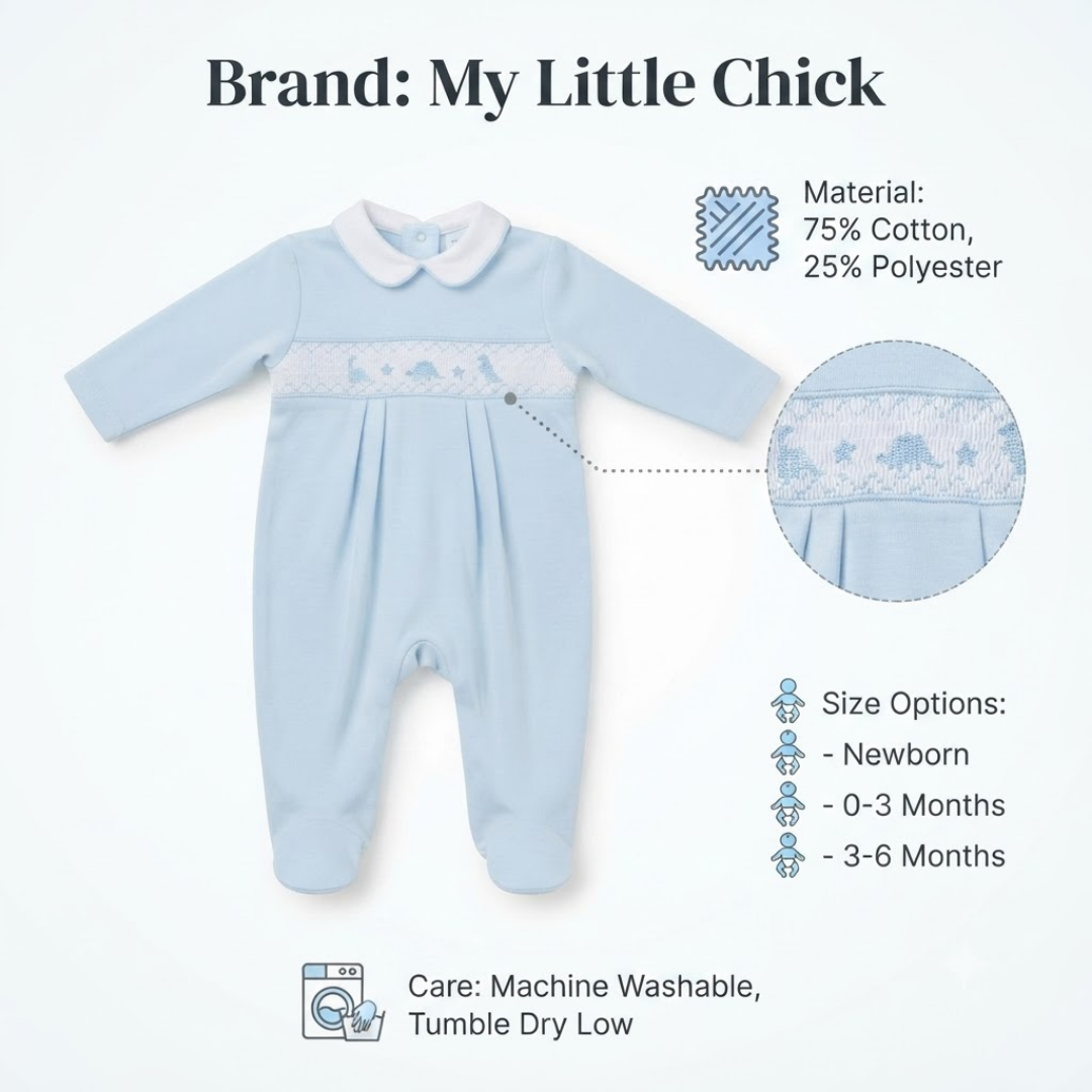 A baby footed romper in light blue with a white Peter Pan collar and a white smocked band featuring blue embroidered birds, shown on a white background with product details, care instructions, and size options.