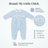 A baby footed romper in light blue with a white Peter Pan collar and a white smocked band featuring blue embroidered birds, shown on a white background with product details, care instructions, and size options.