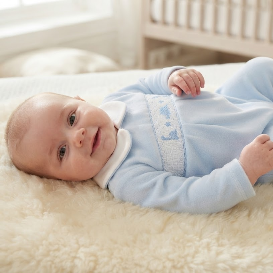A baby lying on a cream shag rug wearing a light blue footed sleeper with a white collar and a smocked blue patterned chest band.