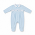 A baby's long-sleeve footed sleeper in light blue, featuring a white Peter Pan collar and a smocked chest band with embroidered birds and animals.
