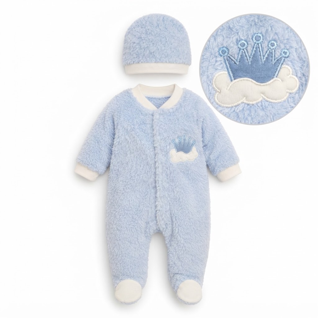 A baby fleece footed sleeper set in light blue and white, including a one-piece sleeper with a small embroidered crown and cloud detail on the chest, a matching beanie, and a circular detail inset showing the embroidered crown design.