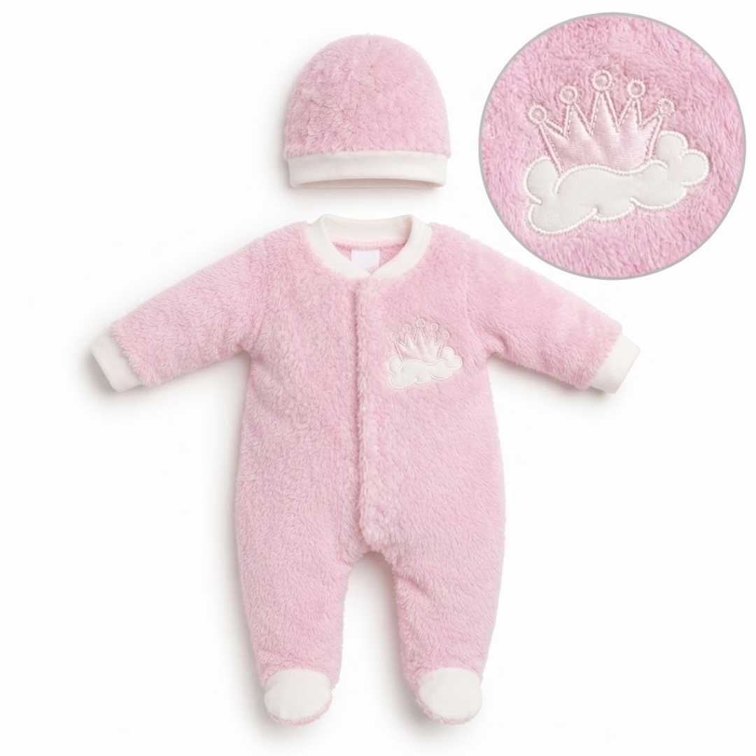 A baby's pink plush footed sleeper and matching beanie hat, shown on a white background with a circular detail inset showing an embroidered crown and cloud motif.