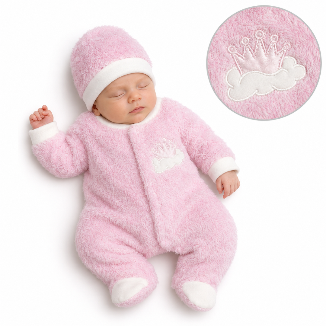 A sleeping newborn baby wearing a plush pink footed onesie and matching hat with white trim and a white embroidered crown motif. A circular inset at the top right shows a close-up of the pink fuzzy fabric and crown detail.